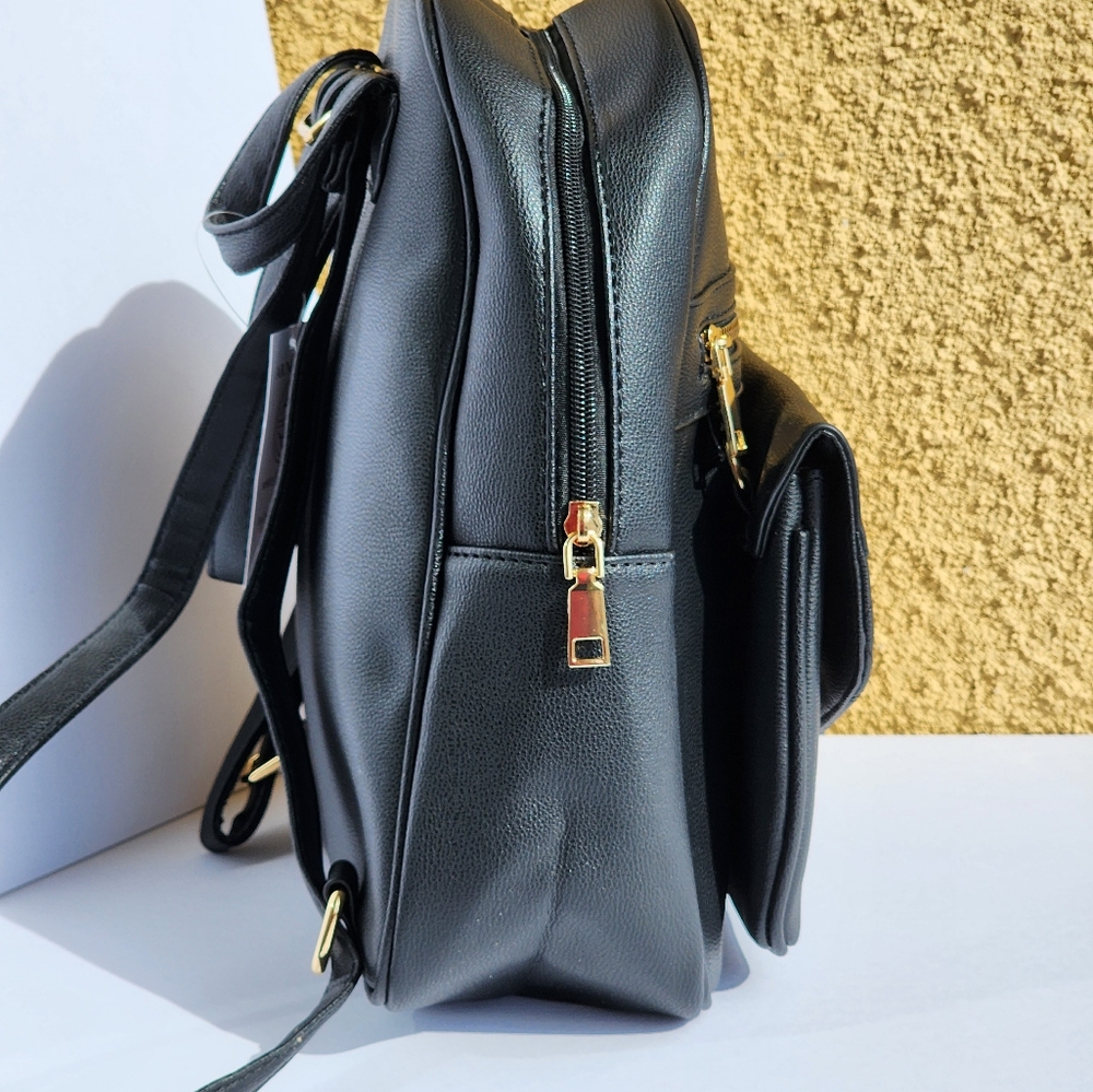 AR New York Women's Black Vegan Faux Leather Stylish Backpack - Picture 3 of 5